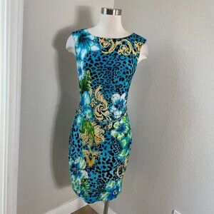 Cache Womens Medium Blue Floral Leopard Print Sleeveless Sheath Dress Chain Belt